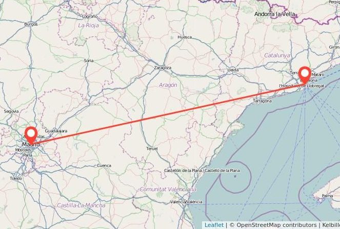 Imagen de un mapa en el que aparece el trayecto entre Madrid y Barcelona