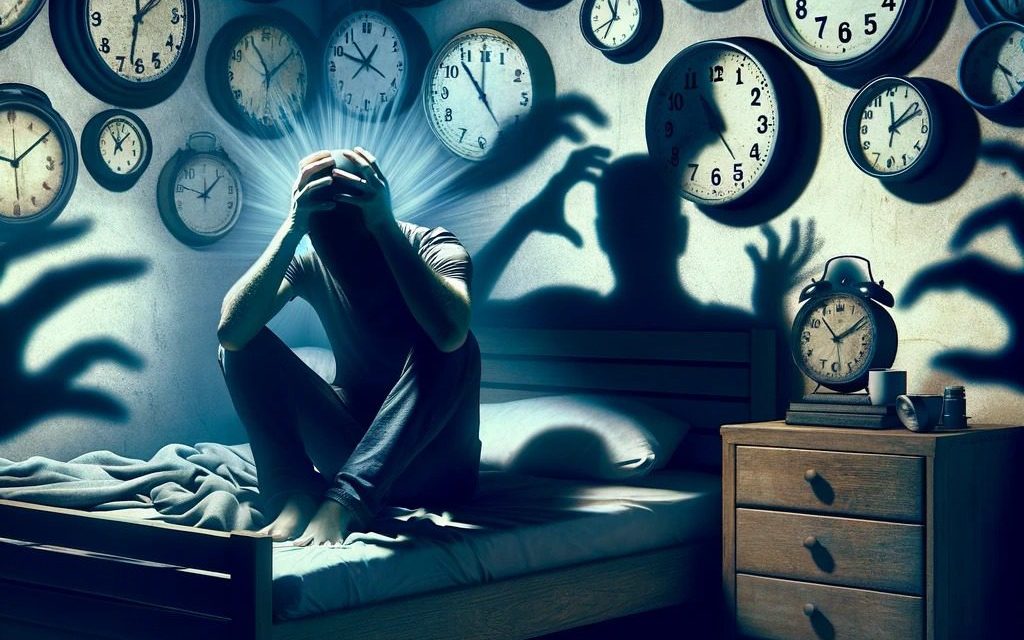 Imagen de una persona en la cama preocupada por todas las cosas que debe hacer al día siguiente. Detrás aparecen muchos relojes mostrando diferentes horas. La persona muestra claros síntomas de insomnio y ansiedad.